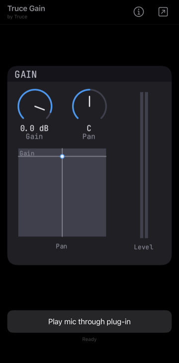 Truce Gain in the iOS container on iPhone 17 Pro simulator: title bar, embedded knob editor, Play button, status label