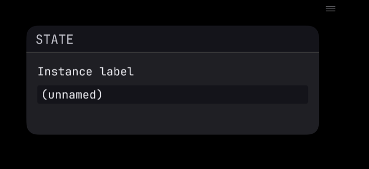 Truce State plug-in in landscape: editor fills the screen, container chrome collapsed into a hamburger icon in the top-right corner